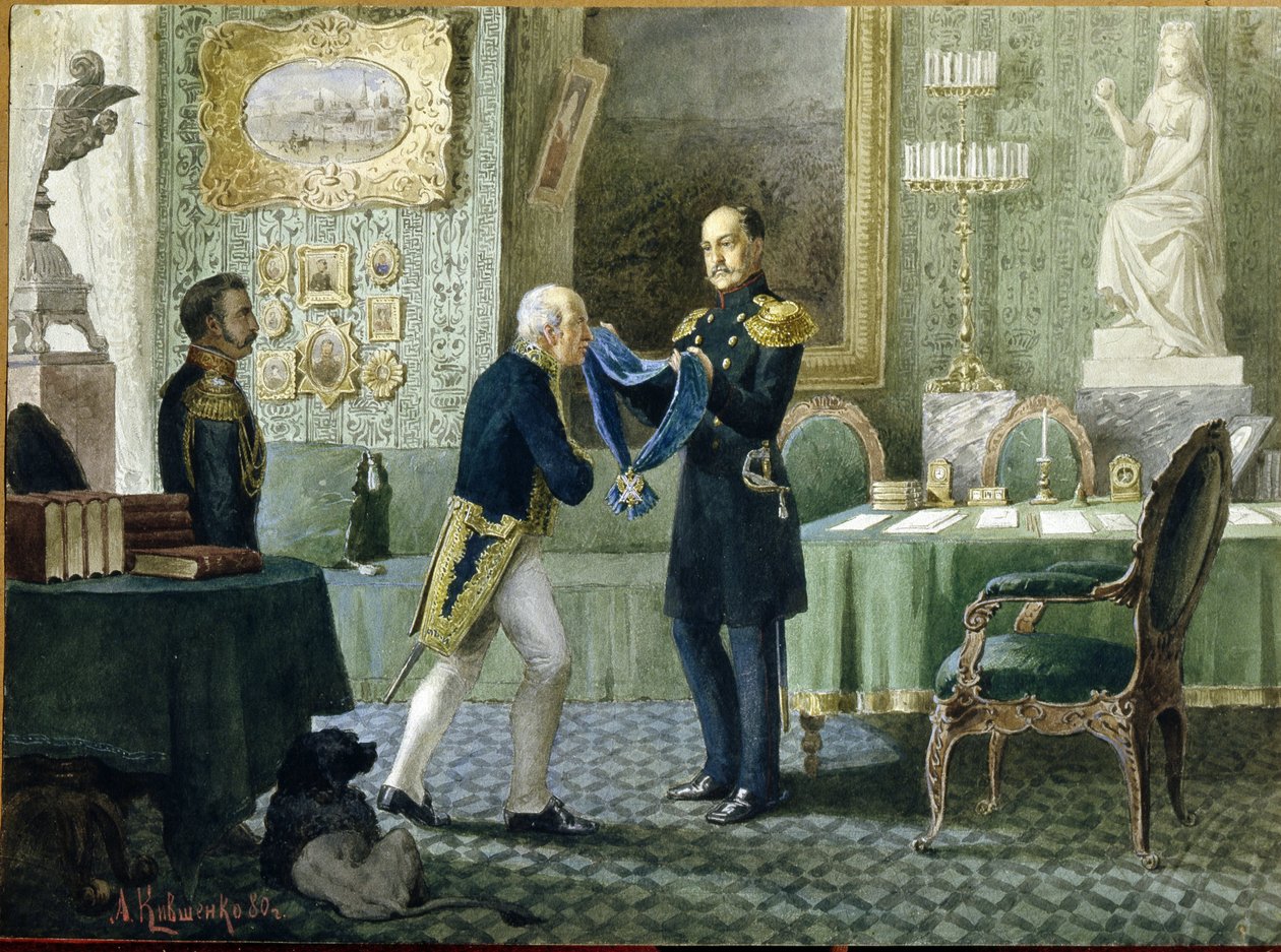 I. Miklós orosz császár (1796-1855) a Szent András-rend Kékszalagját ajándékozza Mihail Speranski (1772-1839) grófnak. (I. Miklós császár Michail Szperanszkij grófnak adományozza a Szent András-rend kék szalagját). Alekszej Danilovics munkája alkotó: Aleksei Danilovich Kivshenko
