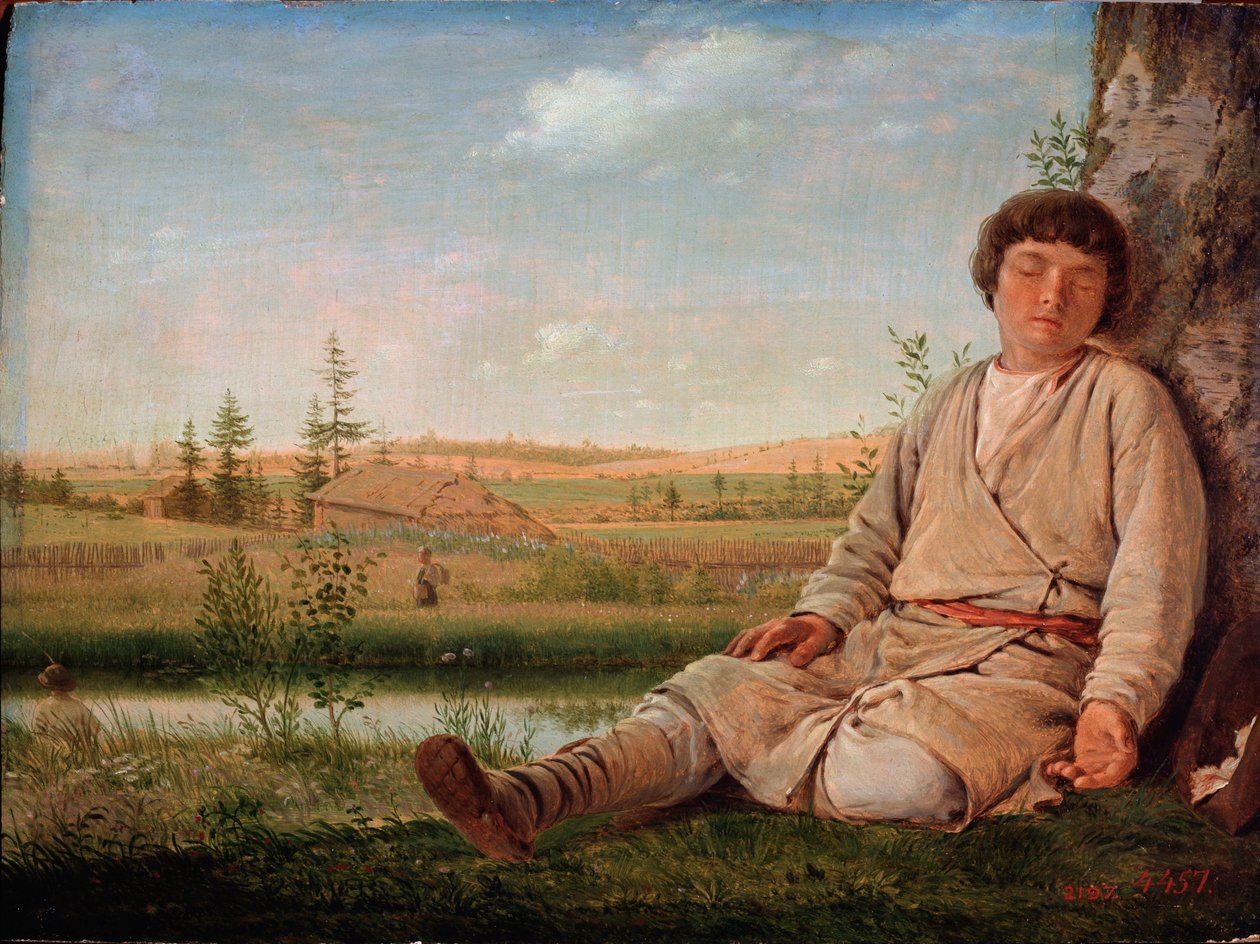 Garcon berger endormi (Alvó pásztorfiú) – Alekszej Gavrilovics Venecianov (1780-1847) Peinture, huile sur toile alkotó: Aleksei Gavrilovich Venetsianov