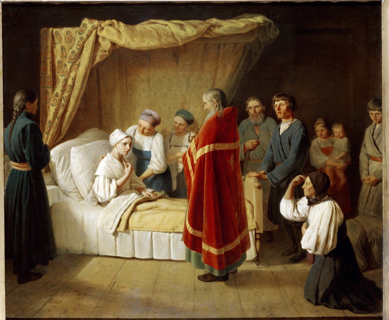 Az Eucharisztia a haldoklókhoz. Az ortodox egyház papja egy beteg asszony ágyához jön, hogy átadja neki a liturgikus szentséget, családtagjaival körülvéve. Alekszej (Alexisz) Gavrilovics Venecianov festménye ( alkotó: Aleksei Gavrilovich Venetsianov