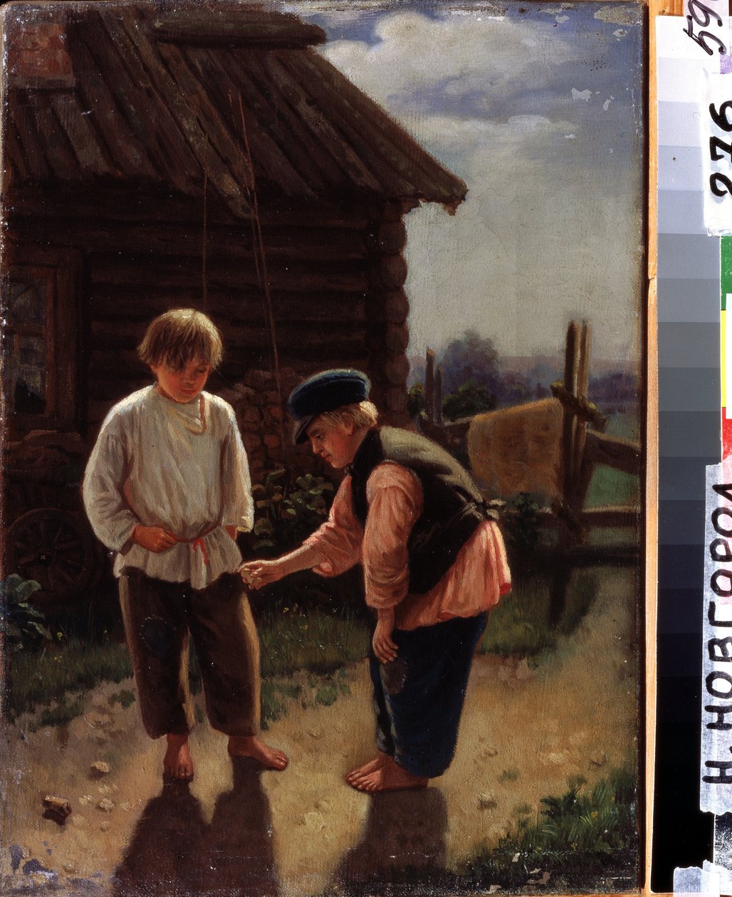 Játssz Knucklebones-t. Két mezítlábas gyerek játszik az udvaron egy vidéki faház előtt. Alekszej Ivanovics Korzukhin (1835-1894) festménye, olaj, vászon. 19. századi orosz művészet. Állami Művészeti Múzeum, Nyizsnyij Novgorod (R alkotó: Aleksei Ivanovich Korzukhin