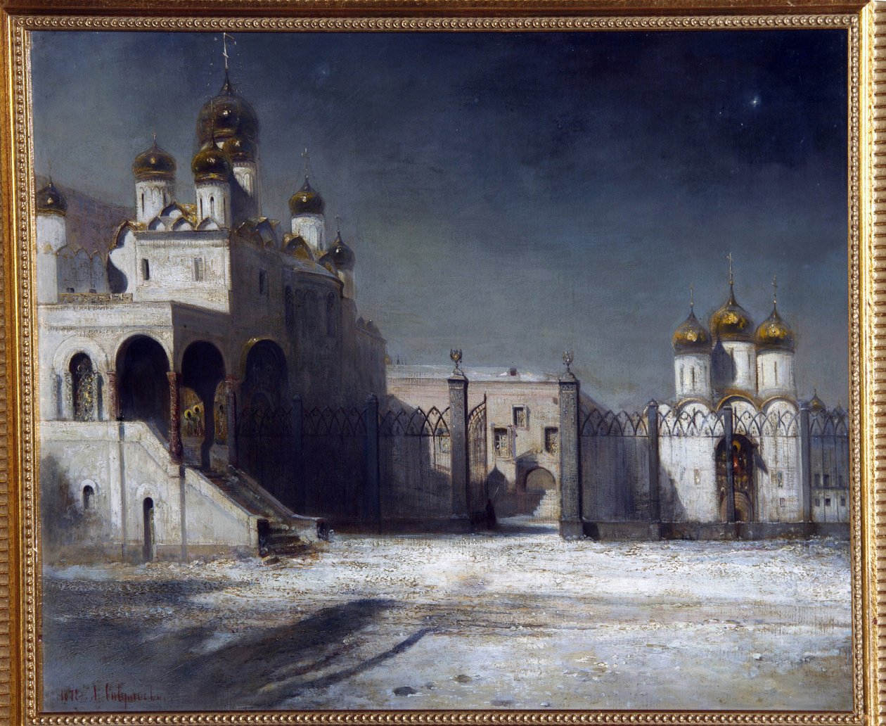 Katedrális tér a moszkvai Kremlben éjjel. (A Katedrális tér a Moszkvai Kremlben éjjel). Alekszej Kondratyevics Savrasov (Savrasov) (1830-1897) festménye, olaj, vászon alkotó: Alexei Kondratjewitsch Sawrassow