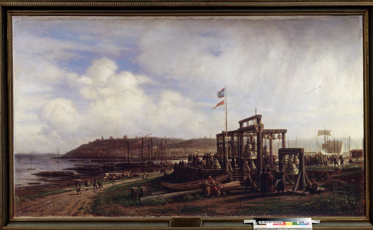 Nyizsnyij Novgorod piaca, harangok eladója. (Piac Nyizsnyij Novgorodban, harangos standok sora). Alekszej Petrovics Bogoljubov (Bogoliubov vagy Bogoliubov) festménye (1824-1896). Olajfestmény alkotó: Aleksei Petrovich Bogolyubov