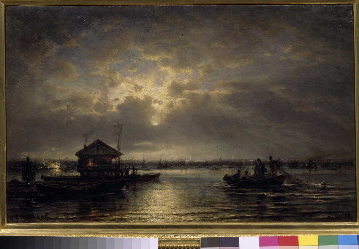 "Nyári éjszaka a Néván" (Nyári éjszaka a Néván) Alekszej Bogoliubov (Bogolyubov) festménye (1824-1896) Olaj, vászon 1875 Méret: 48x73,5 cm Állami Tretyakov Galéria, Moszkva alkotó: Aleksei Petrovich Bogolyubov