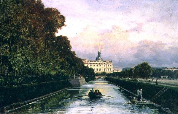 Kilátás a Lebjazsjeva-csatornára, kilátással a Mihajlovszkij-palota felé, Szentpétervár (olaj, panel) alkotó: Aleksei Petrovich Bogolyubov