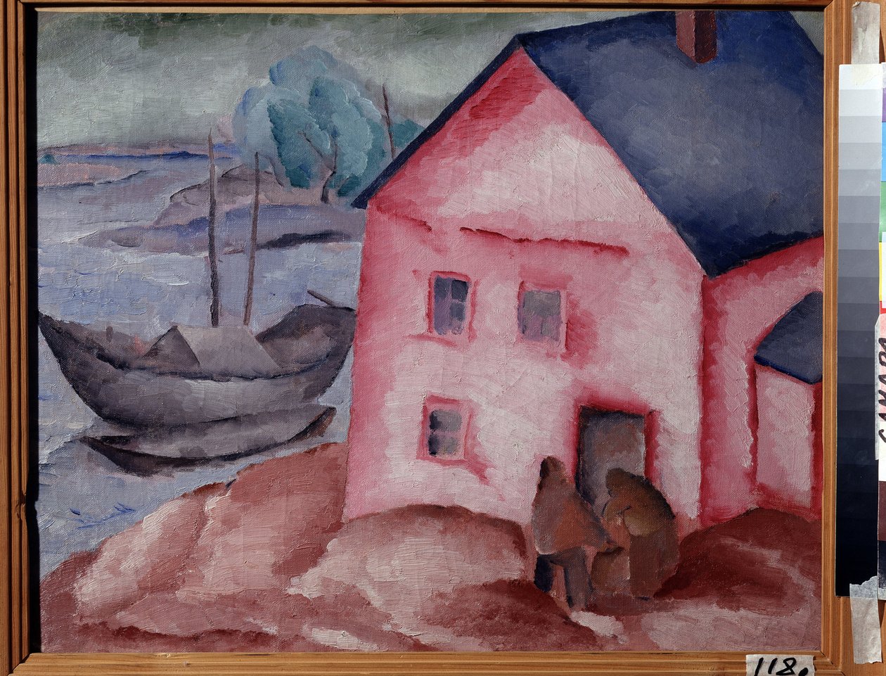 Egy rózsaszín ház a folyó közelében (A Pink House at the River). Párral, csónakkal és kikötött csónakkal. Alekszej Iljics Kravcsenko (1889-1940) festménye, olaj, vászon alkotó: Aleksey Kravchenko