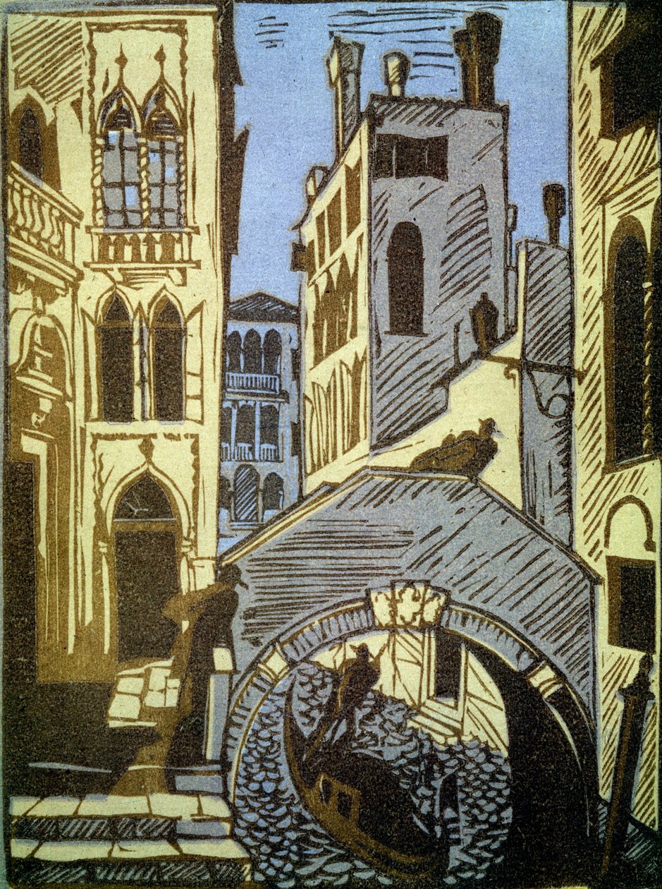 Velence, Olaszország (Velence). Csatorna, gondola, híd és a város homlokzatai. Alekszej Iljics Kravcsenko (1889-1940) alkotása, fametszet. Orosz művészet, 19-20. századi táj. Állami Tretyakov Galéria, Moszkva. (Oroszország). alkotó: Aleksey Kravchenko