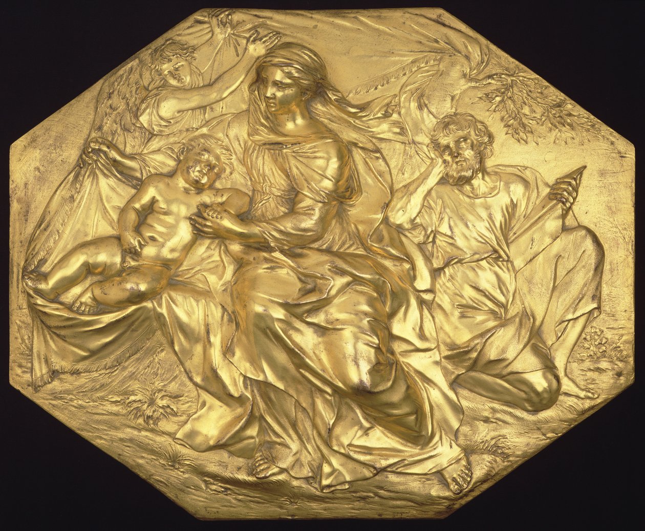 A pihenés az egyiptomi menekülésen, dombormű, 1635-40 körül (aranyozott bronz) alkotó: Alessandro Algardi
