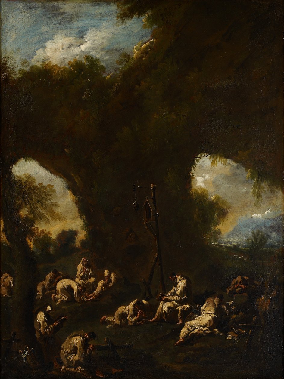 Barlangban imádkozó szerzetesek, 1730 körül alkotó: Alessandro Magnasco