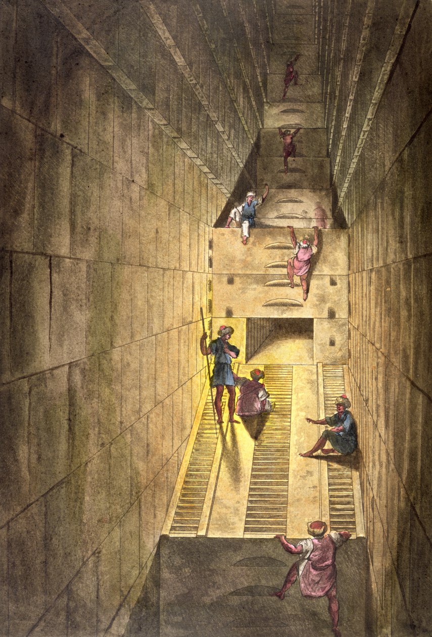 A gízai nagy piramis felfedezése Jules Ferrario „Le Costume Ancien et Moderne” című művéből, Gaetano Zancon (1771-1816) metszetével alkotó: Alessandro Sanquirico