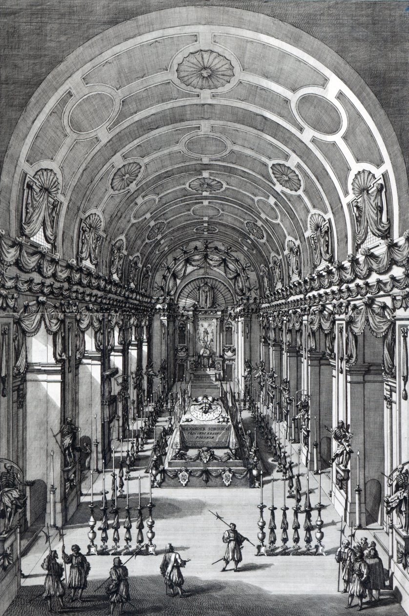 Alexander Sobieski fekvő helyzete a kapucinus templomban, Rómában, Francesco Faraone Aquila metszet, 1714 alkotó: Alessandro Specchi