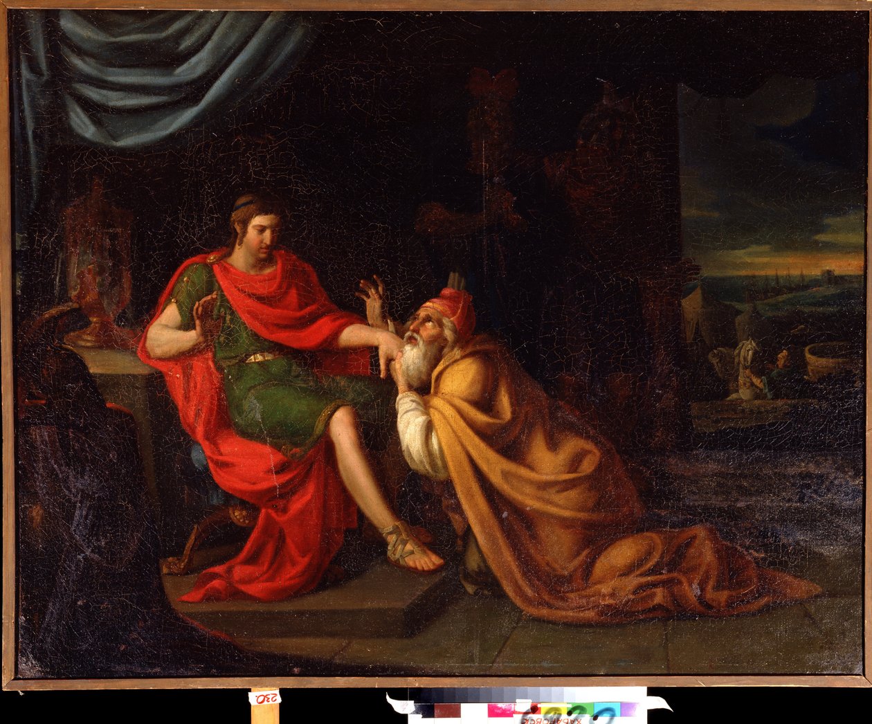 Priamosz és Akhilleusz. Jelenet a trójai háború szereplőivel. Alessandro Varotari Il Padovanino (1588-1649) festménye. Olajfestmény. Velencei művészet, barokk stílus. Távol-keleti Művészeti Múzeum, Habarovszk, Oroszország. alkotó: Alessandro Varotari