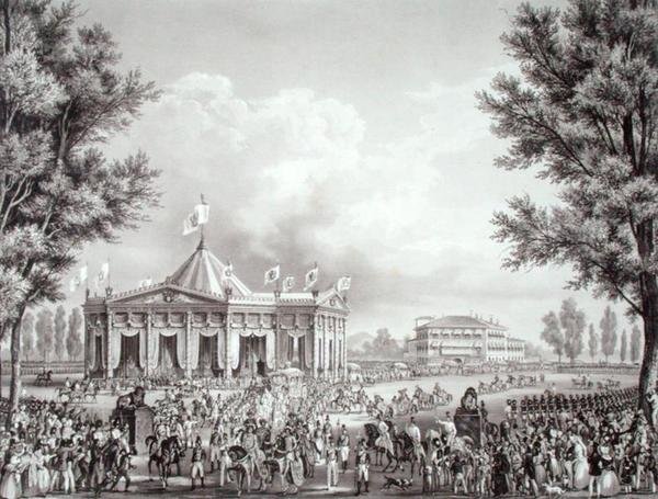 Felvonulás az I. Ferdinánd (1793-1875) koronázása alkalmából emelt pavilon mellett alkotó: Alessandro (after) Sanquirico