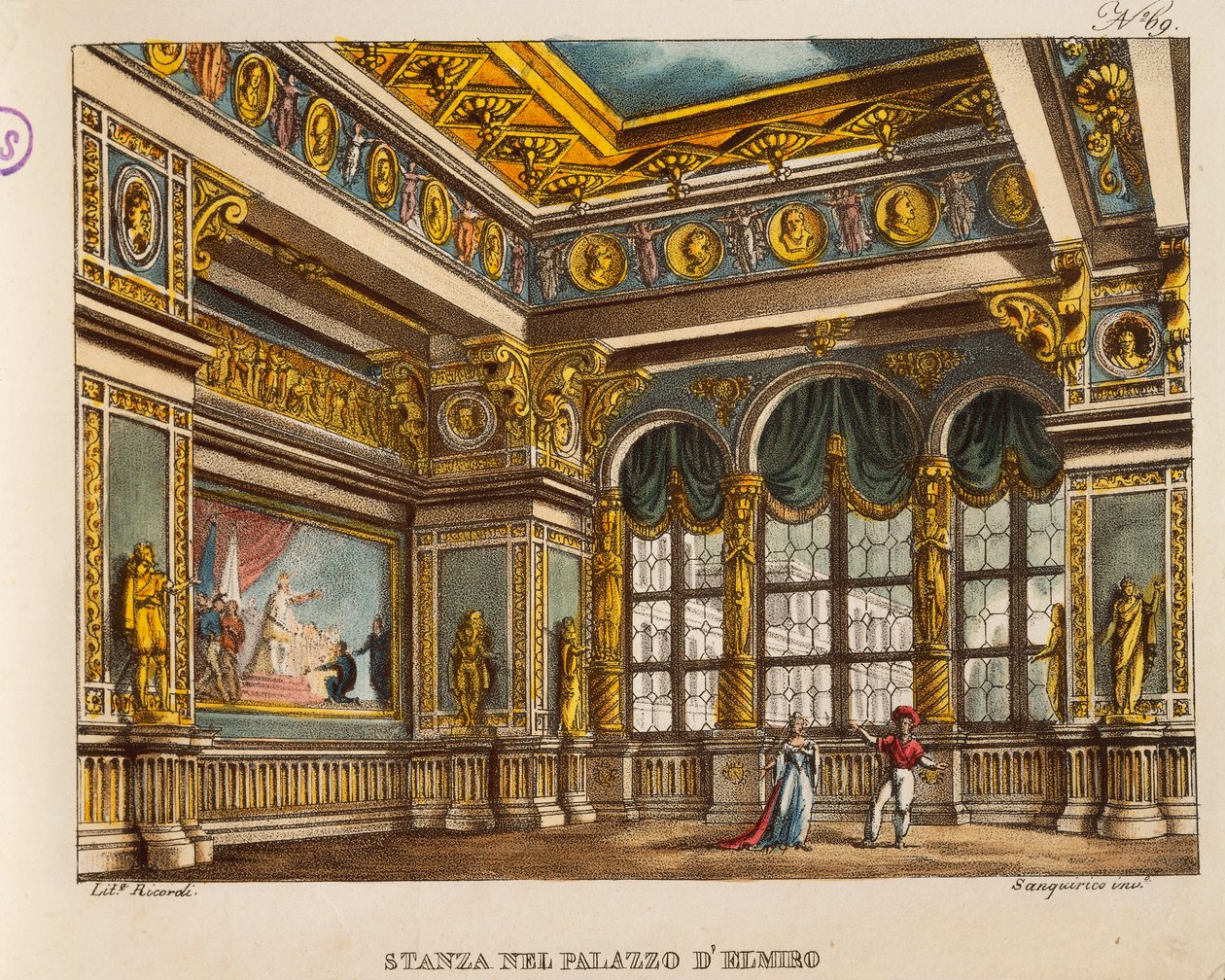 Szoba az Elmiro-palotában, Gioachino Rossini „Othello” című művéből, Ricordi metszete (kézzel színezett litó) alkotó: Alessandro (after) Sanquirico