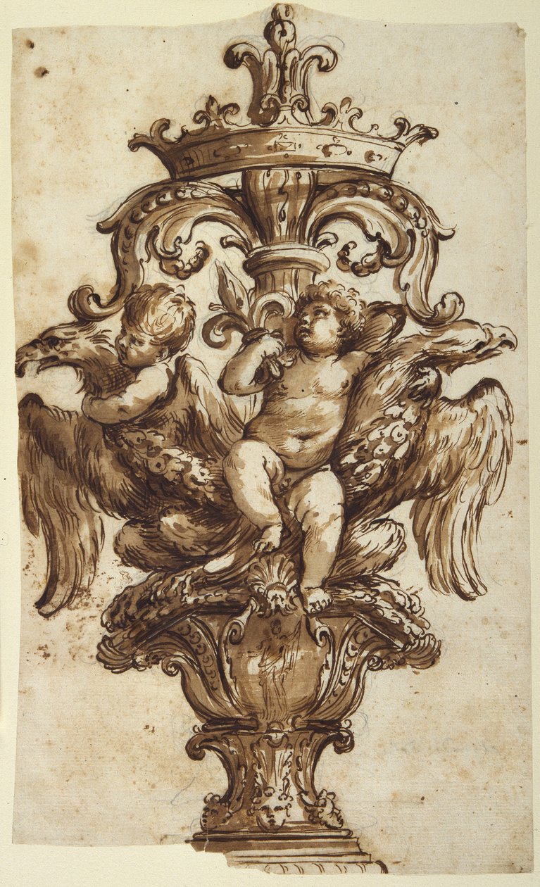 Dizájn egy kocsi végére (toll és barna tinta grafittal, papíron) alkotó: Alessandro Algardi