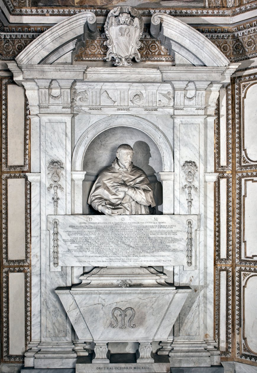 Temetési emlékmű Giovanni Garcia Mellini bíboros előtt, Alessandro Algardi (1598-1654) 1630-as márványszobra portréjával a mellszobron a római Santa Maria del Popolo bazilika körül, Cappella Mellini alkotó: Alessandro Algardi