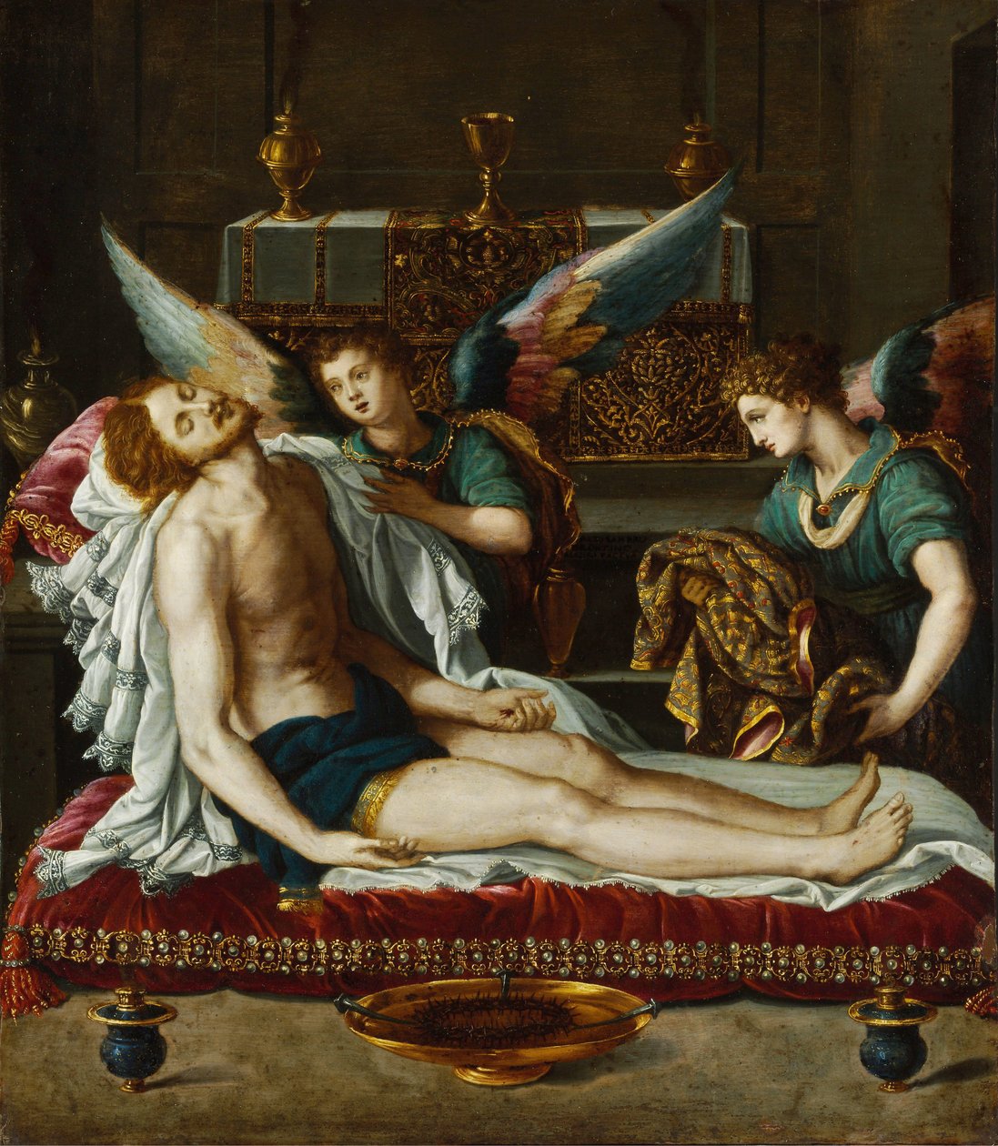 Le Corps du Christ oint par deux anges - Két angyal által felkent Krisztus teste - Allori, Alessandro (1535-1607) - kb 1593 - Olaj, réz - 45x39 - Szepmuveszeti Múzeum, Budapest alkotó: Alessandro Allori