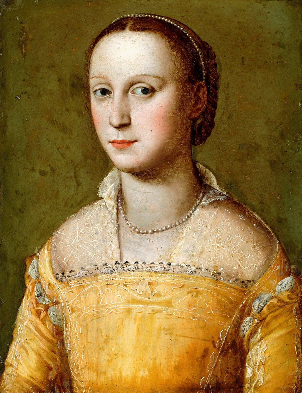 Eleanora d"Este portréja, félalakos, arany ruhát visel, alkotó: Alessandro Allori