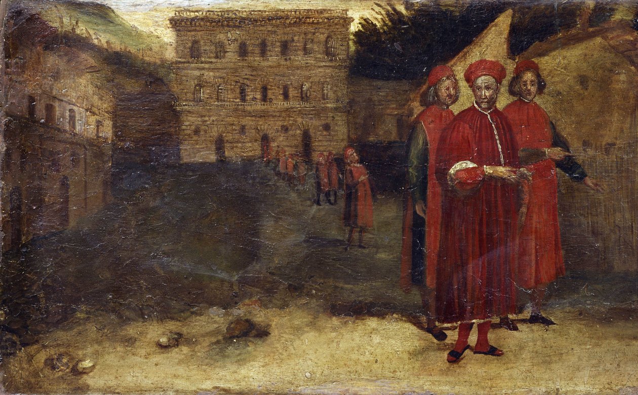 Szent Mártírok, a predella részlete, háttérben a Pitti-palota (Palazzo) ábrázolásával. Alessandro Allori (1535-1607) festménye. alkotó: Alessandro Allori