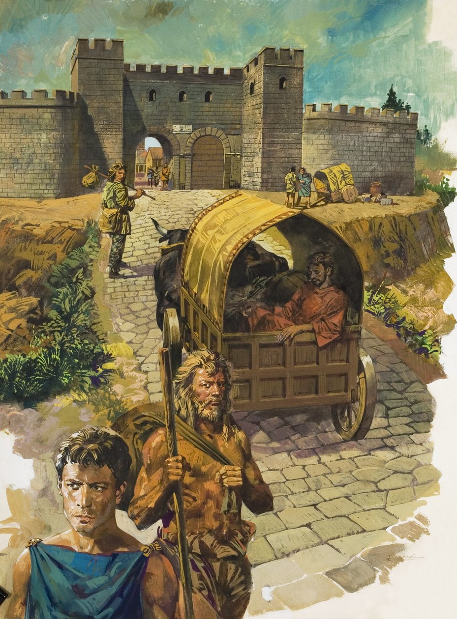 Szekér behajtása egy fallal körülvett városba a római kori Britanniában (gouache, papír) alkotó: Alessandro Biffignandi