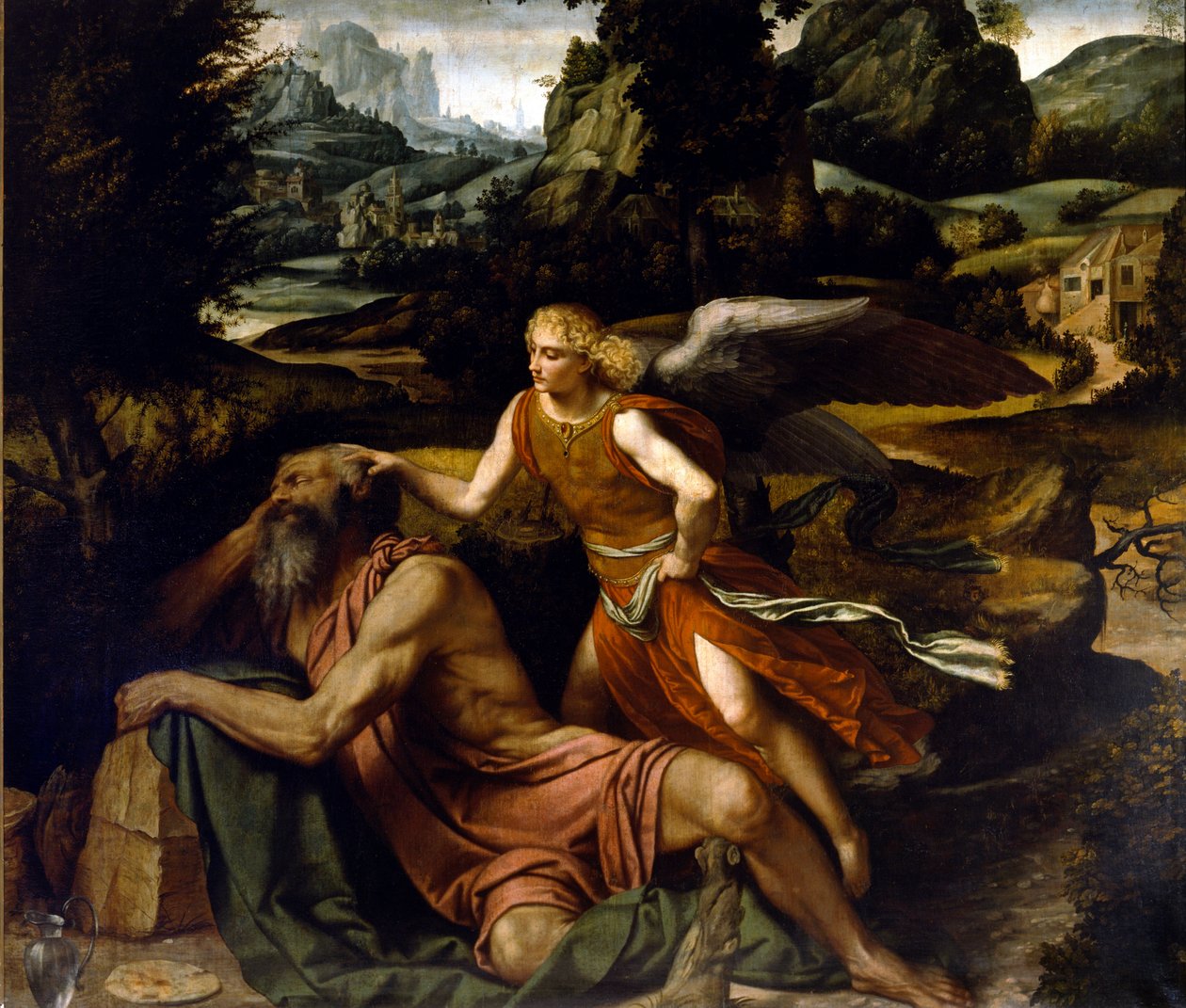 Az alvó Illést egy angyal egyenesíti ki Alessandro Bonvicino festménye dit il Moretto (1498-1554) 16. század Brescia, San Giovanni Evangelista templom alkotó: Alessandro Bonvicino Moretto