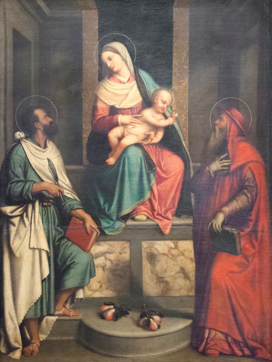 Madonna gyermekkel és szentekkel (olaj, vászon) alkotó: Alessandro Bonvicino Moretto