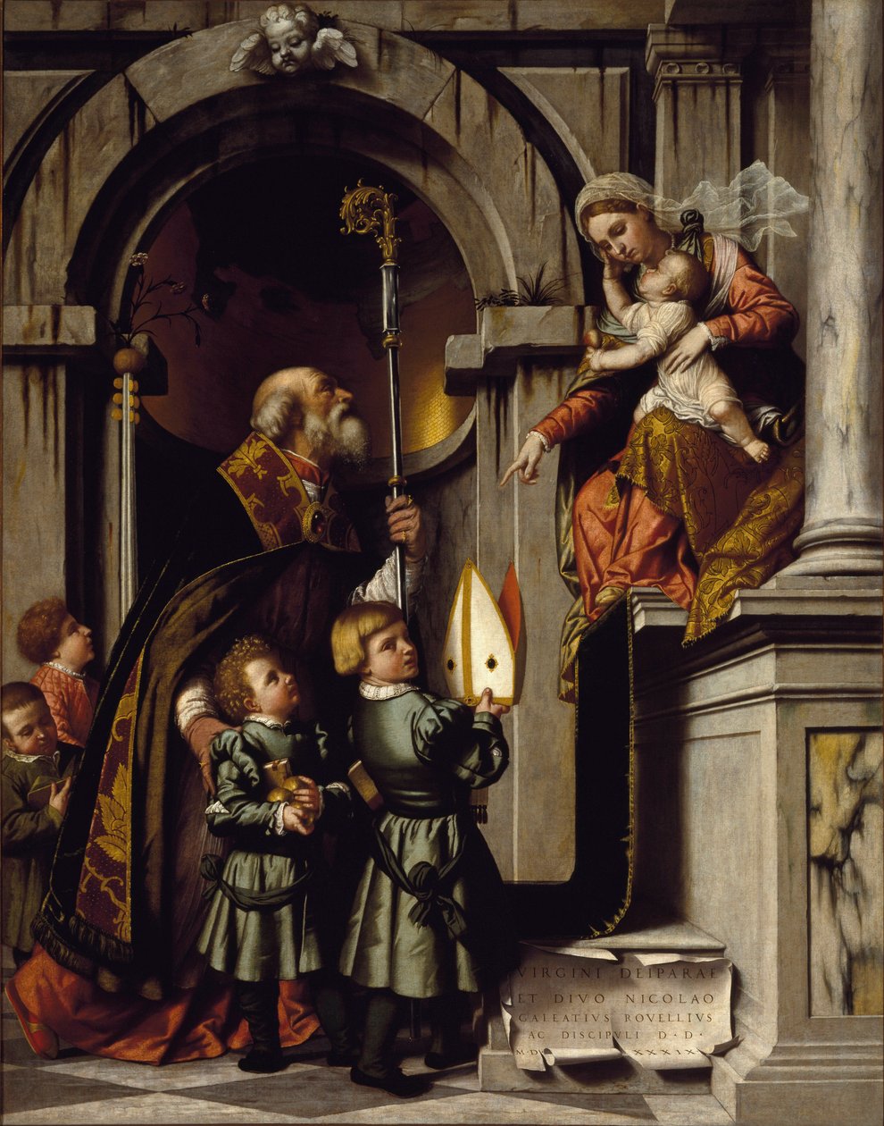 Myrai vagy Bari Szent Miklós (270-345) Galeazzo Rovelli tanítványait ajándékozza a Szűzanyának a gyermek Jézussal a trónon Alessandro Bonvicino Dit il Moretto (1498-1554) festménye 16. század V. 245x192 cm Brescia, Pinacotheca Tosio Martinengo alkotó: Alessandro Bonvicino Moretto