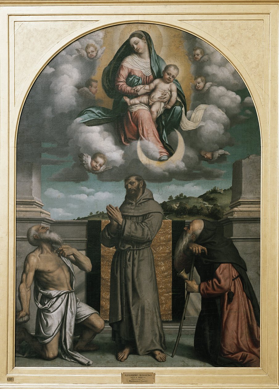 Szűz és gyermek a dicsőségben, Szent Jeromossal, Assisi Szent Ferenccel és Szent Antallal (olaj, vászon, 1543 körül) alkotó: Alessandro Bonvicino Moretto