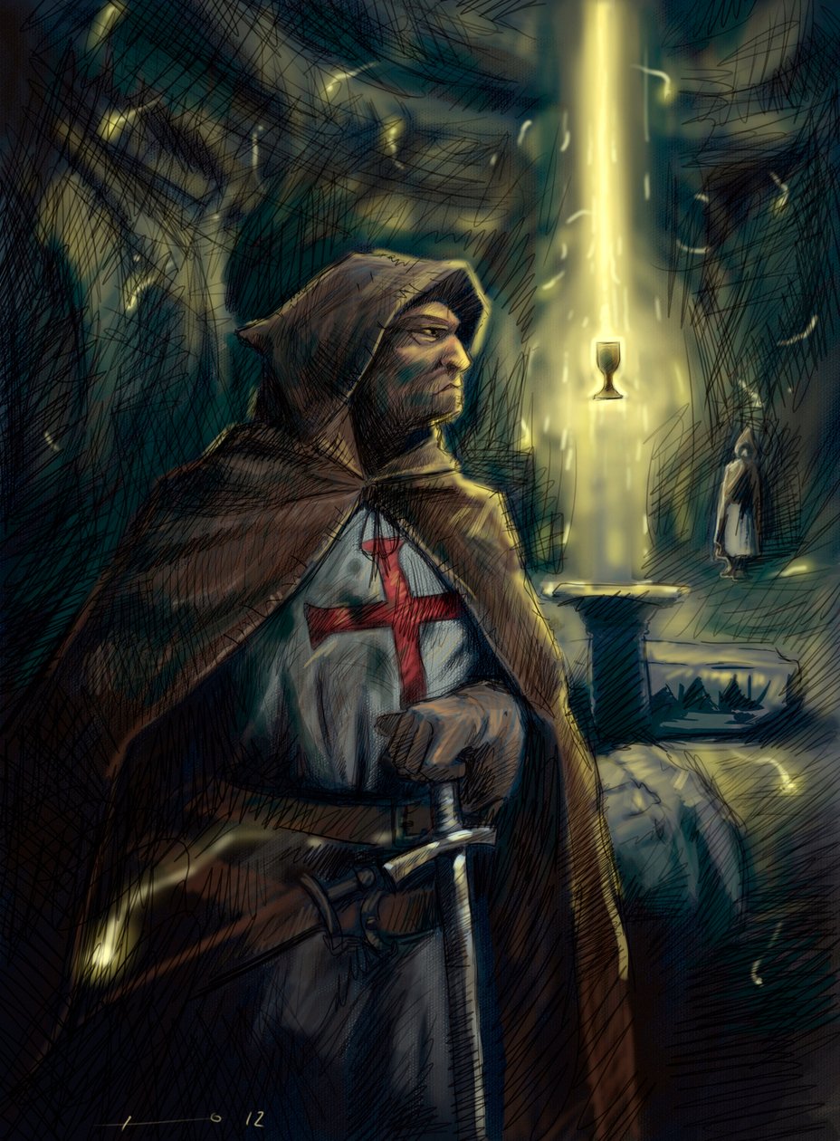 A Templomos Rend lovagja (Templar) mögötte a Szent Grál pohara. Illusztráció Alessandro Lonati alkotó: Alessandro Lonati