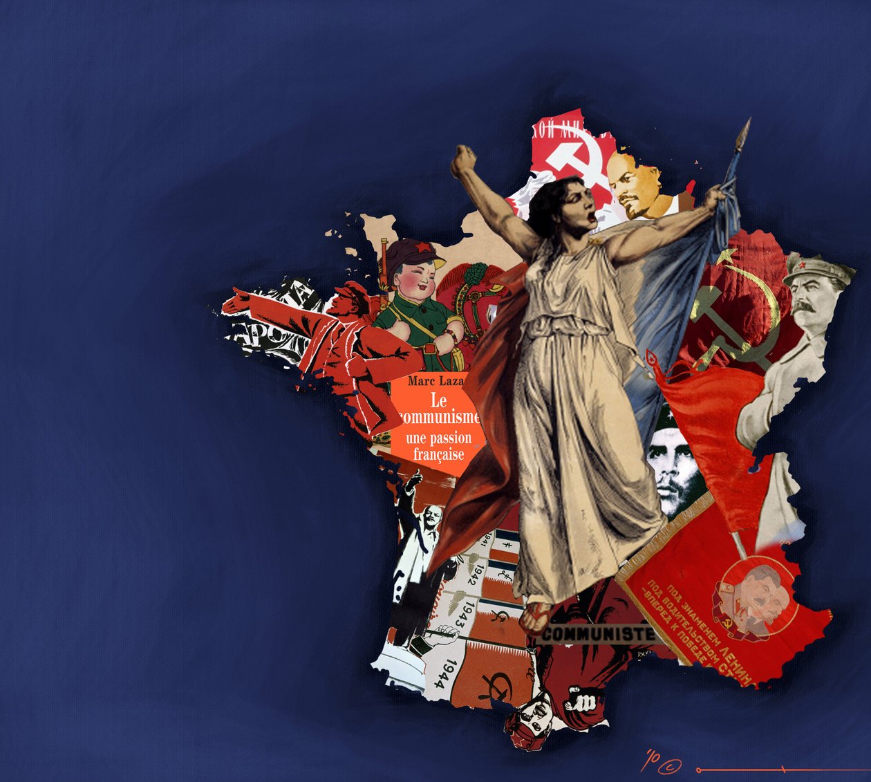 Egy mariana a kommunista kollázs hátterében. A kommunizmus allegóriája Franciaországban. Alessandro Lonati 2010-es színes rajza. alkotó: Alessandro Lonati
