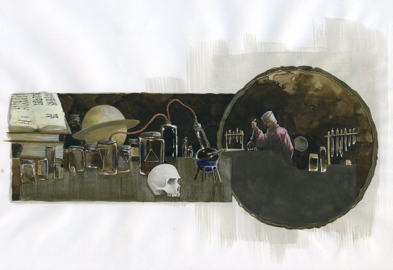 Alkimista a laboratóriumában fiolákkal és állóképekkel körülvéve Illusztráció: Alessandro Lonati alkotó: Alessandro Lonati
