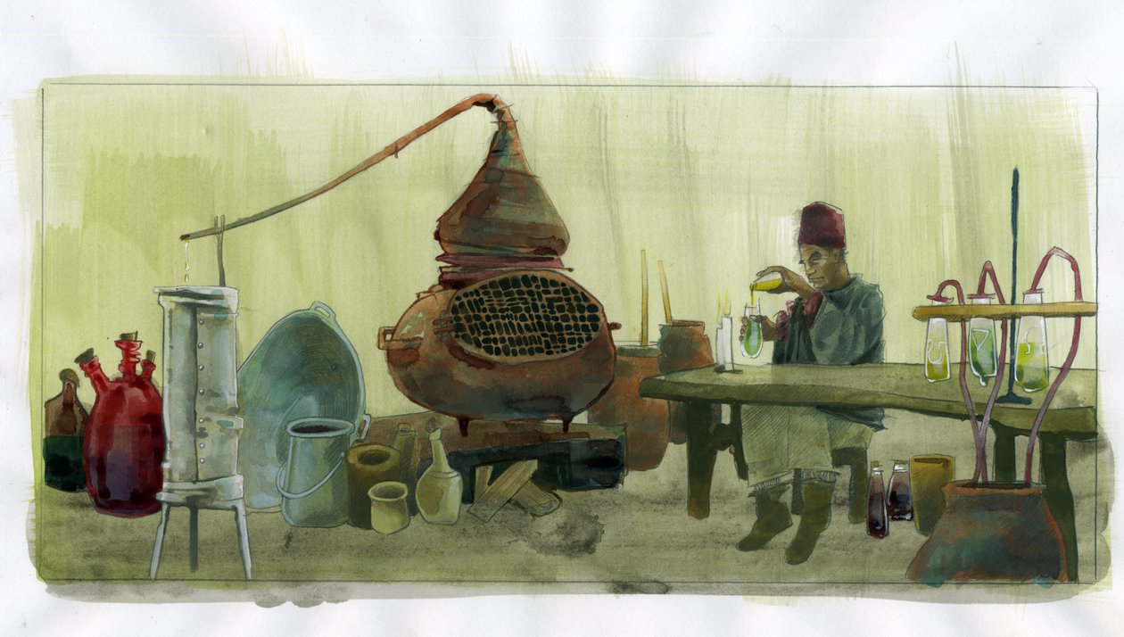 Alkimista a laboratóriumában tégelyekkel és desztillálóval (alkimista a laboratóriumában tégelyekkel és desztillálóval) Illusztráció: Alessandro Lonati alkotó: Alessandro Lonati