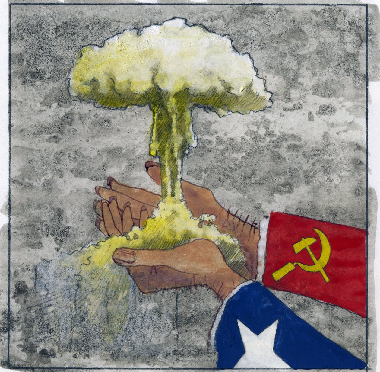 A hidegháború allegorikus ábrázolása, mint amerikai és szovjet kezek az atomfelhőben. Illusztráció: Alessandro Lonati alkotó: Alessandro Lonati