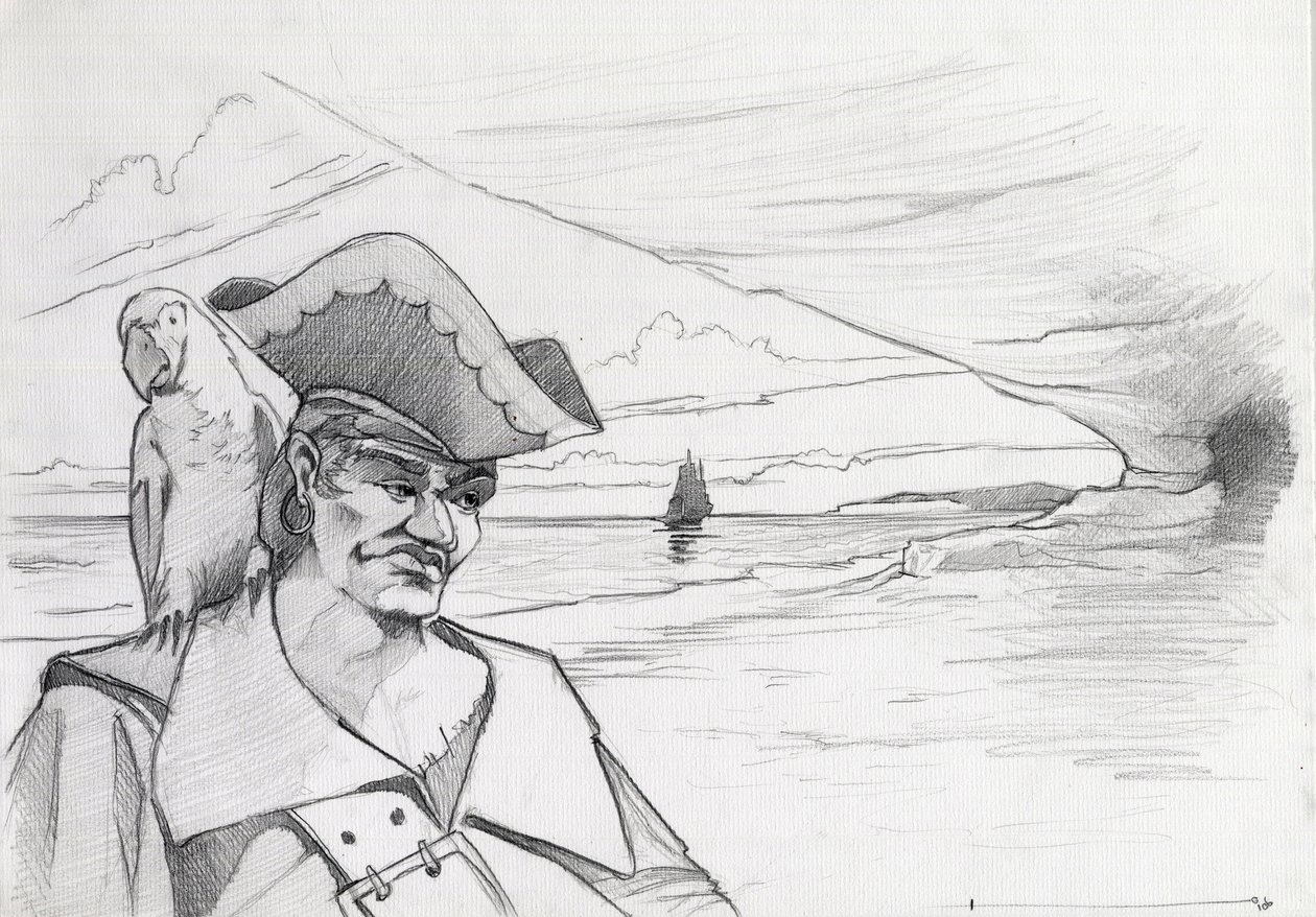 Karib-tengeri kalóz papagájjal kincset keres egy barlangban a tengerparton, galleonnal. Alessandro Lonati rajza. alkotó: Alessandro Lonati