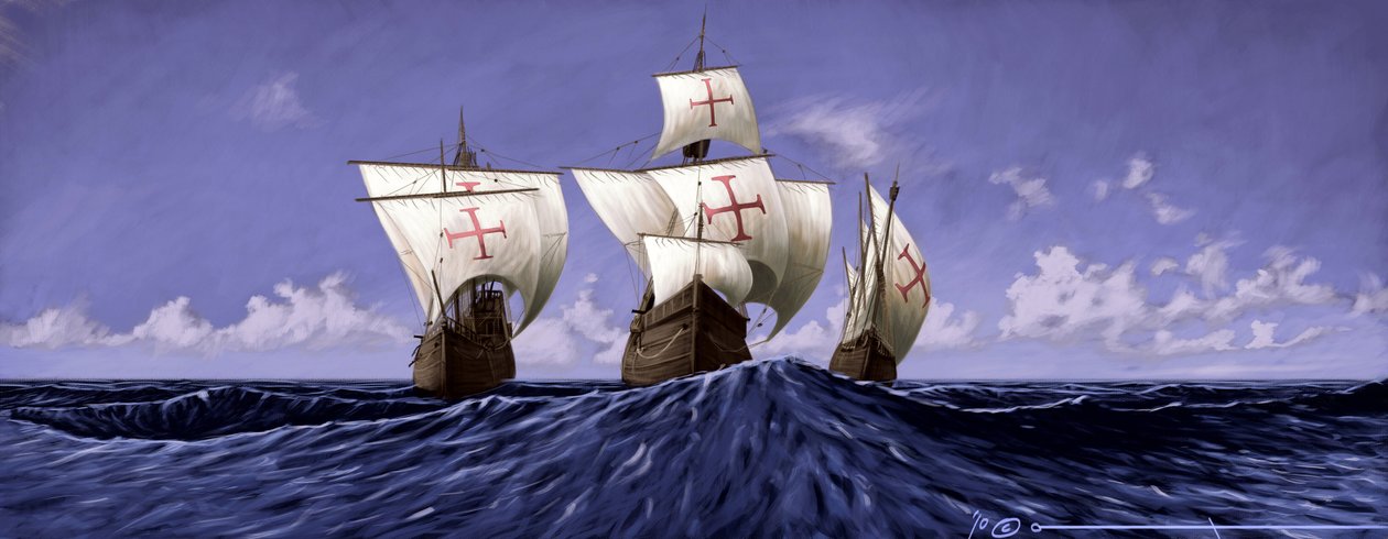 Fedezze fel Amerikát: a „Pinta”, a „Nina” és a „Santa Maria”, Kolumbusz Kristóf karavellái az 1492-es expedíció során. Alesandro Lonati illusztrációja. 2010 alkotó: Alessandro Lonati