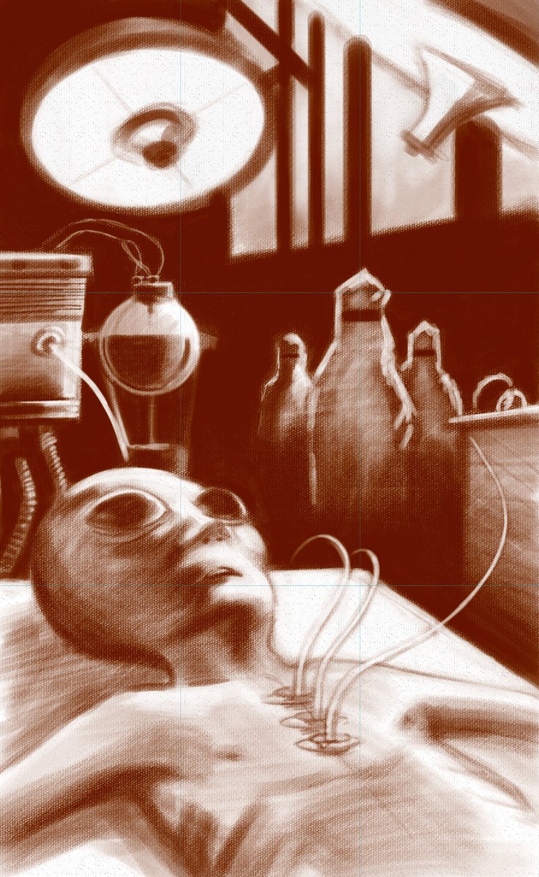 Fantasztikus lény: laboratóriumi vizsgálatoknak alávetett idegen. Illusztráció: Alesandro Lonati. 2010 alkotó: Alessandro Lonati