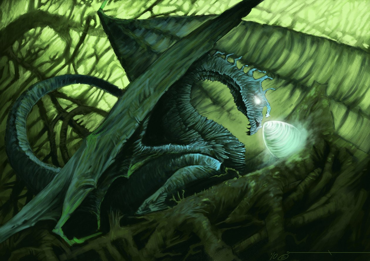 Fantasztikus lény: egy sárkány, aki védi a tojását. Illusztráció: Alesandro Lonati. 2010 alkotó: Alessandro Lonati