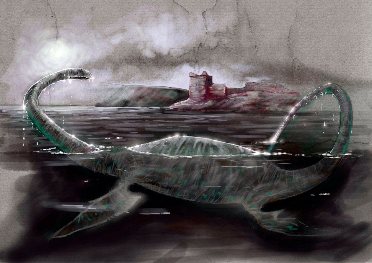 Fantasztikus szörnyek és lények, kriptozoológia: Nessie, a Loch Ness-i szörny ábrázolása Skóciában - Alessandro Lonati rajza, 2012 alkotó: Alessandro Lonati