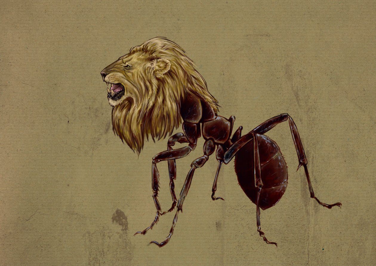 Fantasztikus szörnyek és lények, kriptozoológia: Myrmecoleo, oroszlánfejű hangya ábrázolása - Alessandro Lonati rajza, 2012 alkotó: Alessandro Lonati