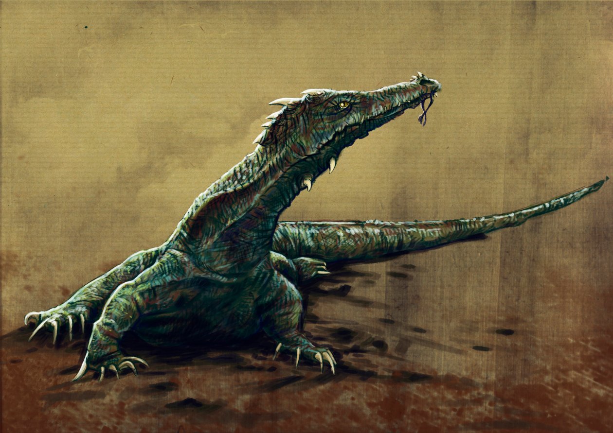 Fantasztikus szörnyek és lények, kriptozoológia: egy buru, nagy gyík ábrázolása, amelyet Északkelet-Indiában láttak volna – Alessandro Lonati rajza, 2012 alkotó: Alessandro Lonati