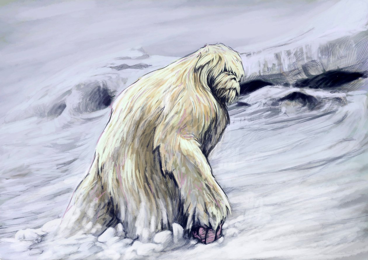 Fantasztikus szörnyek és lények, kriptozoológia: egy jeti vagy „utálatos hóember” antropomorf lény ábrázolása a himalájai folklórból (a Yeti vagy az Abominable Snowman egy majomszerű kriptida, amely állítólag a himalájai Ne régióban lakik alkotó: Alessandro Lonati