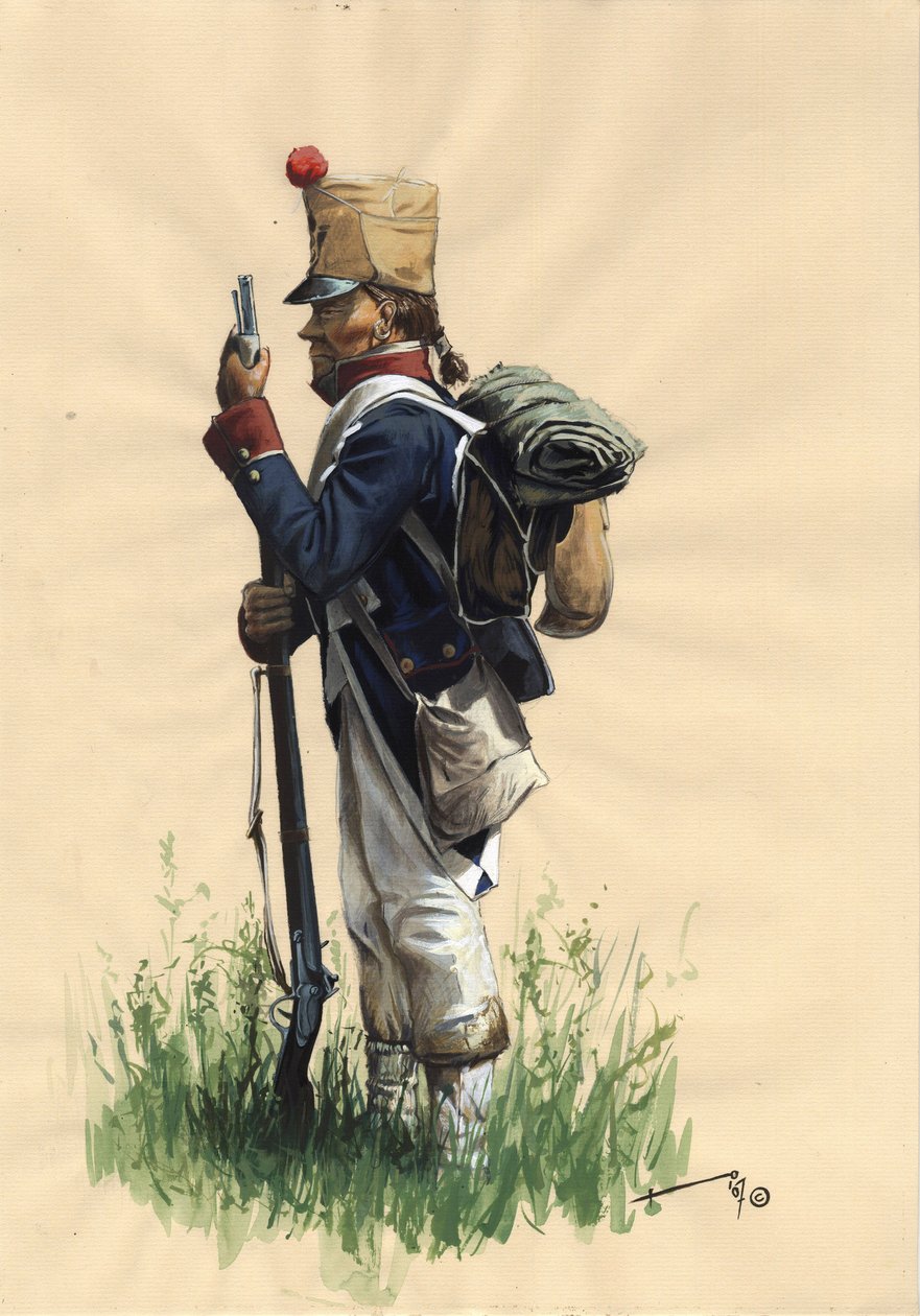 Első Birodalom (1804-1814 és 1815): a nagy napóleoni hadsereg francia gyalogos katonája vidéki ruhában alkotó: Alessandro Lonati