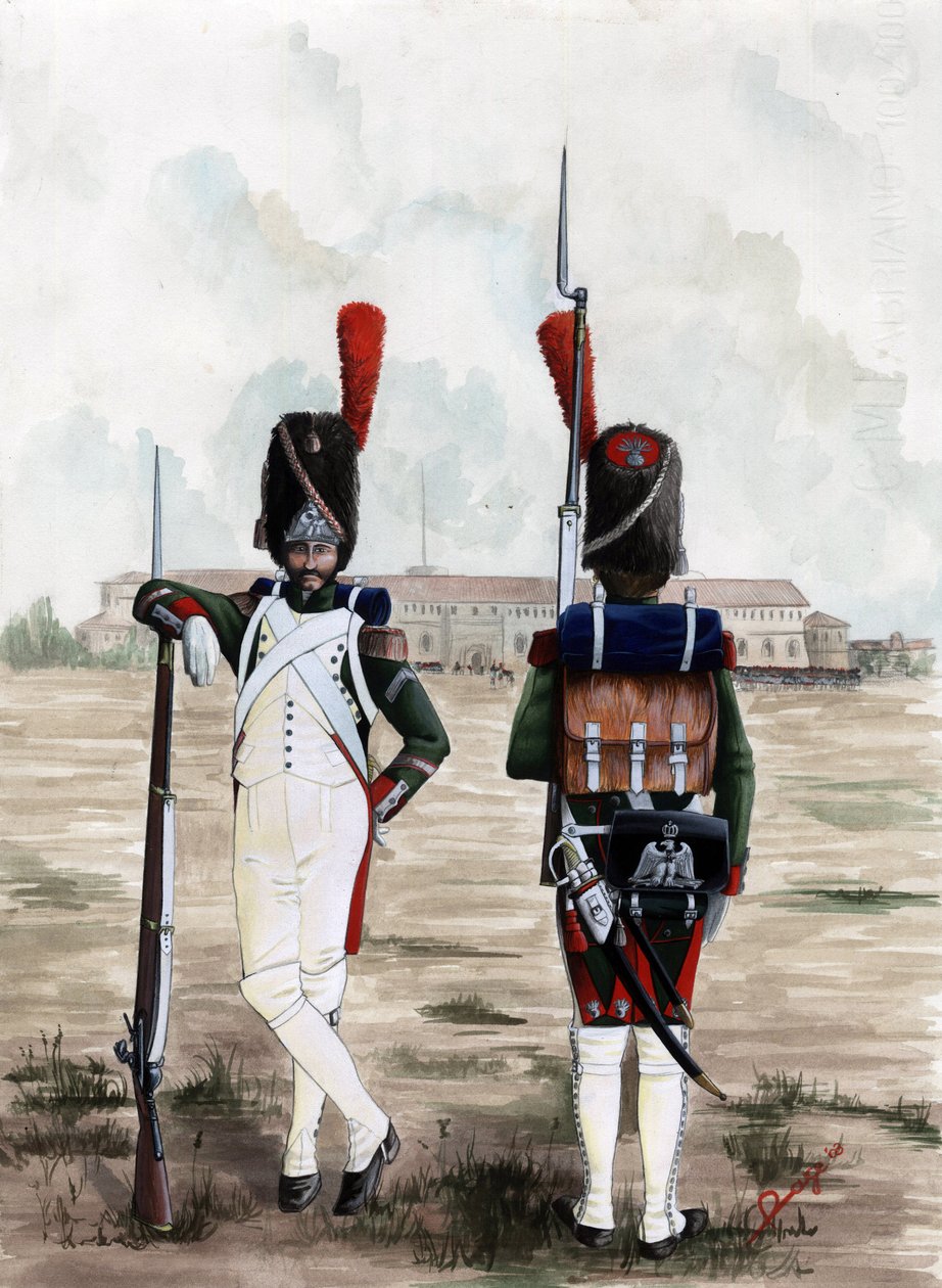 Első Birodalom (1804-1814 és 1815): A Nagy Napóleoni Armee királyi gárdájának gránátos katonái a milánói Sforzesco-kastély terén, Olaszországban. Alessandro Lonati rajza alkotó: Alessandro Lonati