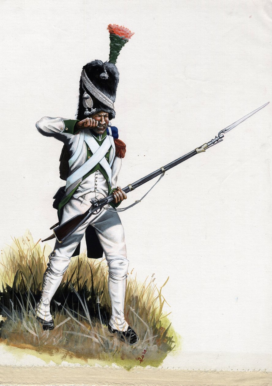 Első Birodalom (1804-1814 és 1815): Az olaszországi nagy napóleoni hadsereg velita katonája töltényt nyit ki. Alessandro Lonati rajza alkotó: Alessandro Lonati