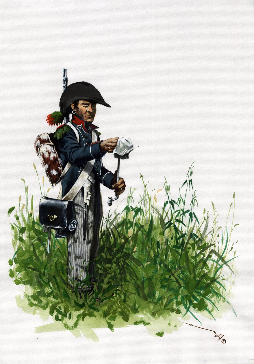 Első Birodalom (1804-1814 és 1815): a nagy francia napóleoni hadsereg katona gyalogos vadásza. Alessandro Lonati rajza alkotó: Alessandro Lonati