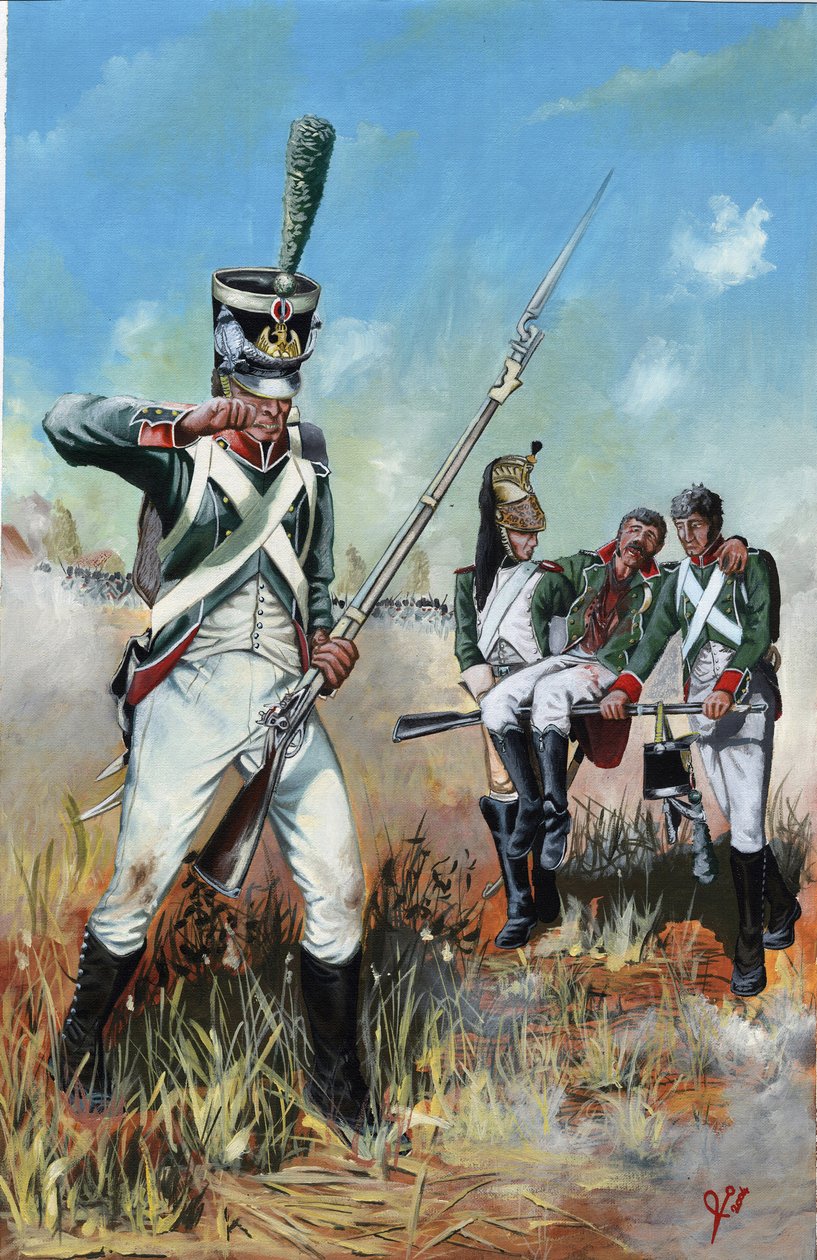 Első Birodalom (1804-1814 és 1815): a nagy napóleoni hadsereg katonái Olaszországban, hogy segítsenek egy sebesült elvtársnak. Alessandro Lonati rajza alkotó: Alessandro Lonati