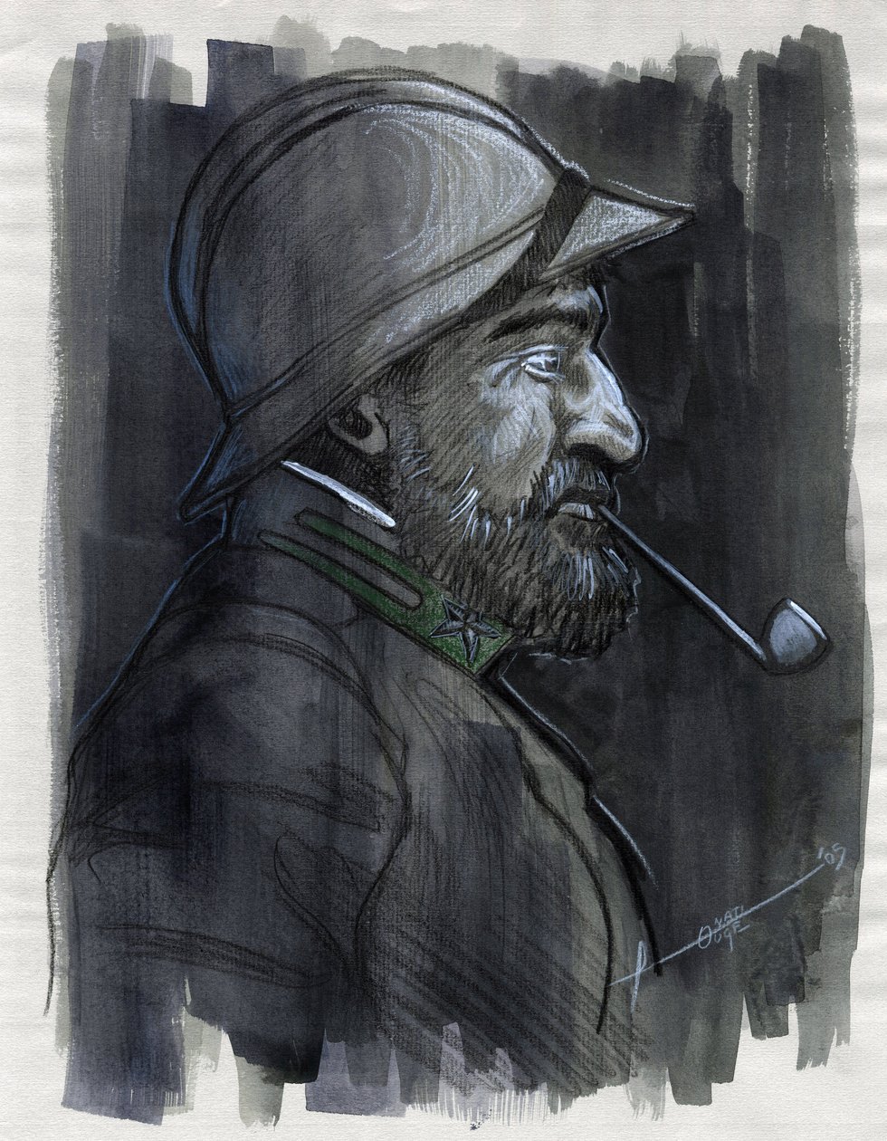 Első világháború 1914-1918: Az olasz hadsereg egyik katonájának profilképe 1915-ben pipázva. Alessandro Lonati rajza alkotó: Alessandro Lonati