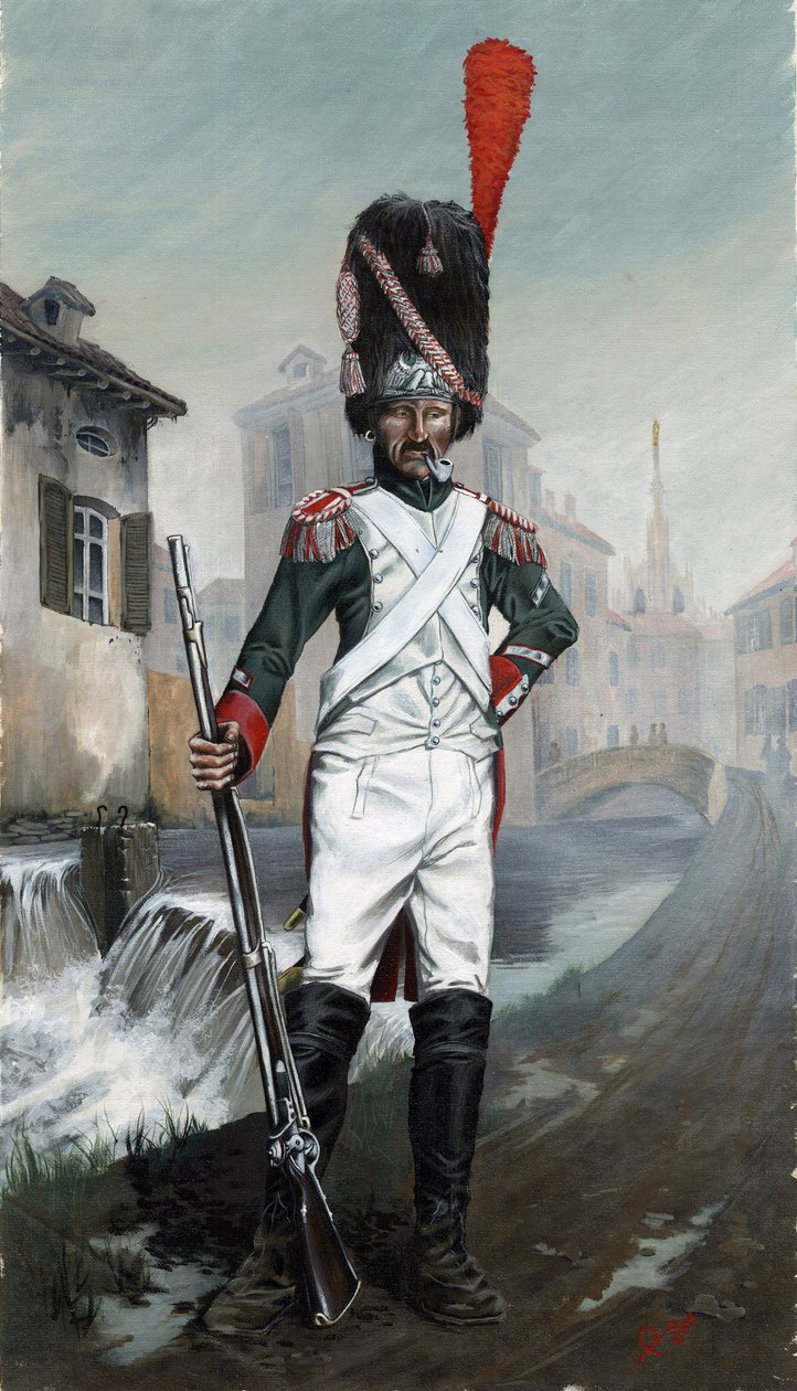 Első birodalom (1804-1814 és 1815): Olasz gránátos katonák a milánói csatorna közelében, háttérben a katedrálissal. Alessandro Lonati rajza alkotó: Alessandro Lonati