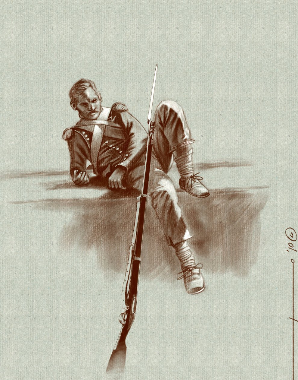Első birodalom: könnyű gyalogos katona nyugalomban I. Napóleon hadjárata alatt (valószínűleg Oroszországban) 19. század eleje. Illusztráció: Alesandro Lonati. 2010 alkotó: Alessandro Lonati
