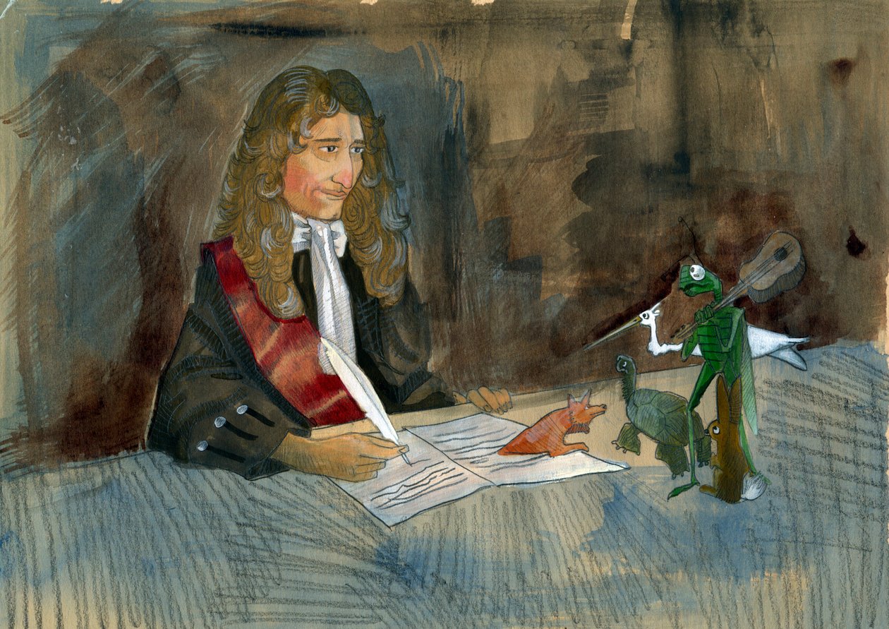 Jean de la Fontaine francia író meséi szereplőit nézi. Illusztráció: Alessandro Lonati alkotó: Alessandro Lonati