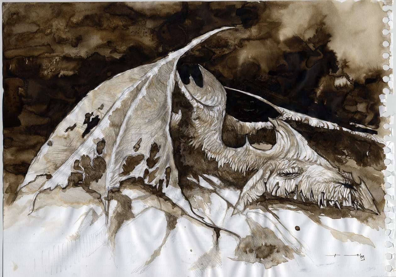 Egy fantasztikus és legendás állat illusztrációja: döglött sárkánytetem. Alessandro Lonati színes rajza. alkotó: Alessandro Lonati